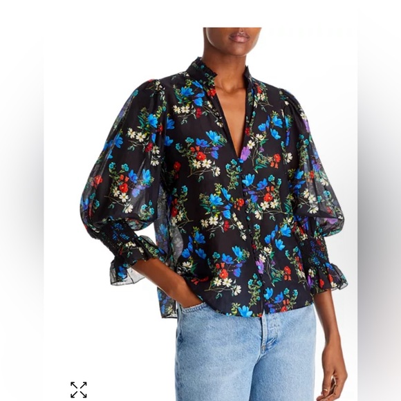 NWT Alice +‎ Olivia Ilan Smocked Sleeve Button Front Blouse size small - Picture 1 of 10